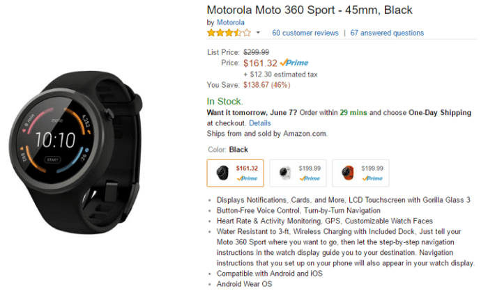 На Амазон можно купить умные часы Motorola Moto 360 Sport за 50% стоимость